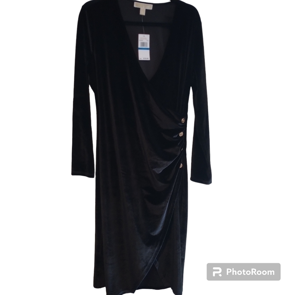 Michael Kors Black Velour Faux Wrap Midi Dress XL